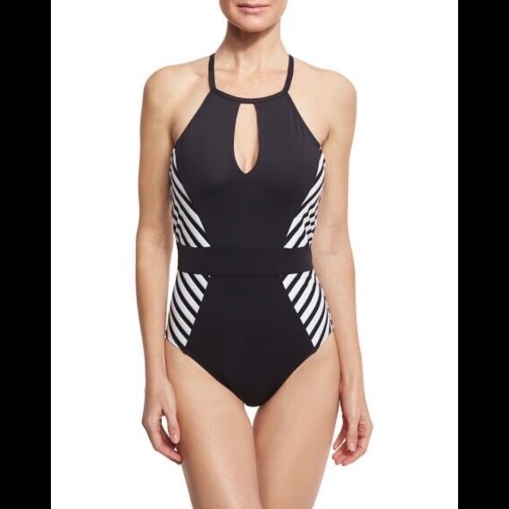 La Blanca Mime Games Striped-Side High-Neck Swimsuit Black/White Size 16 - NWT